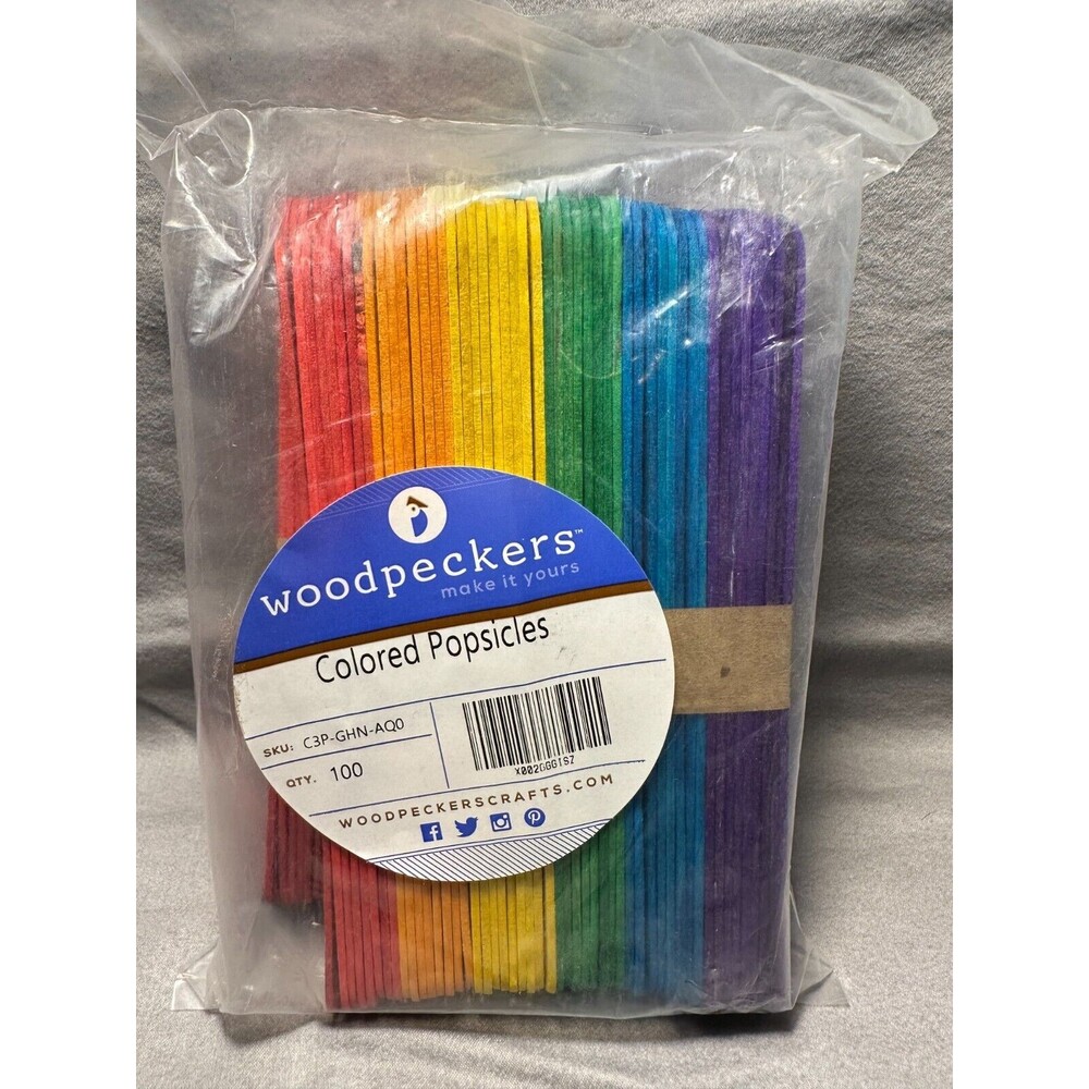 Woodpeckers Colored Popsicles, 100 Count, Birch Wood, 6"x3/4"